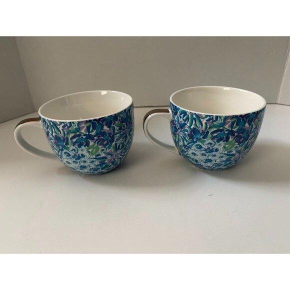 LILLY PULITZER Hidden Cat Floral Set of 2 Coffee Mug 12 oz Blue Purple Gold Trim - Picture 3 of 7